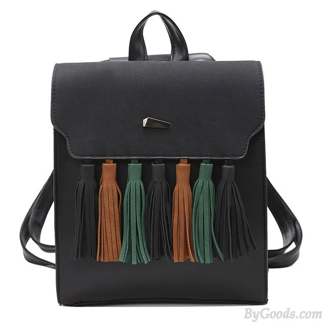 Retro British PU Tassel Contrast Color Flap Solid School Backpack