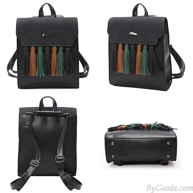 Retro British PU Tassel Contrast Color Flap Solid School Backpack