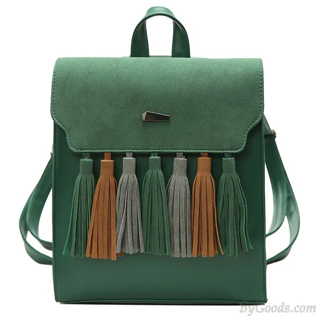 Retro British PU Tassel Contrast Color Flap Solid School Backpack