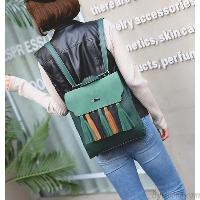 Retro British PU Tassel Contrast Color Flap Solid School Backpack