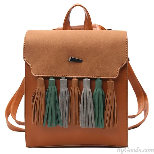 Retro British PU Tassel Contrast Color Flap Solid School Backpack