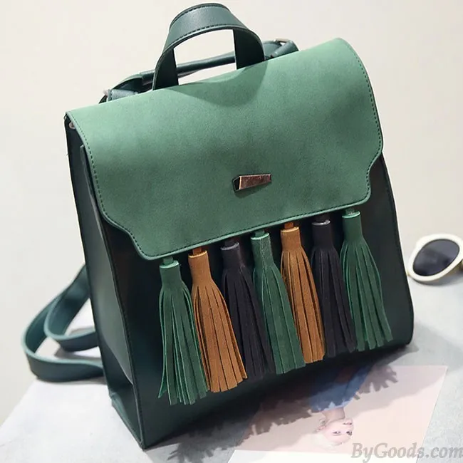 Retro British PU Tassel Contrast Color Flap Solid School Backpack