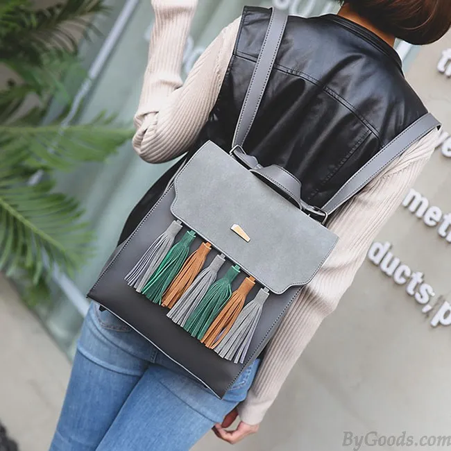 Retro British PU Tassel Contrast Color Flap Solid School Backpack