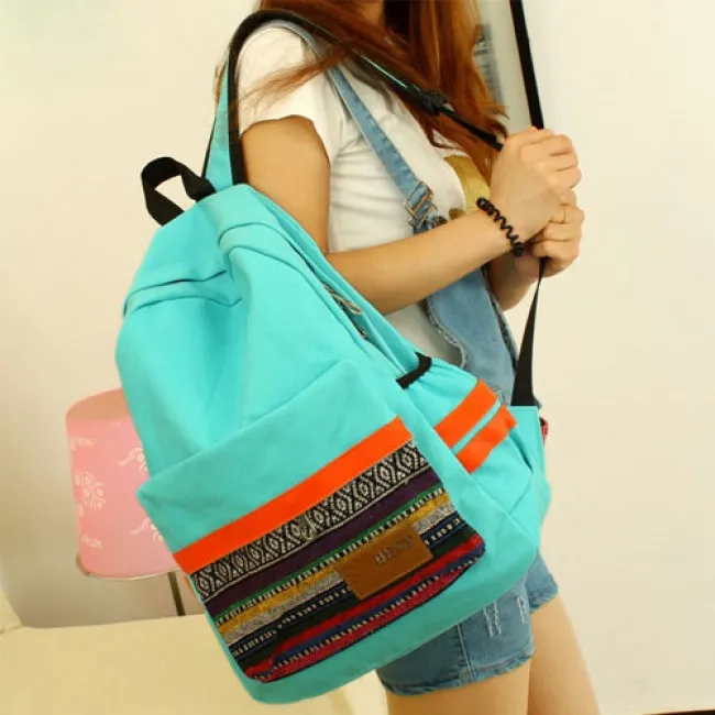 Retro Folk Geometric Canvas College Backpack