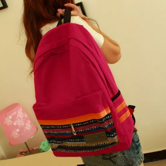 Retro Folk Geometric Canvas College Backpack