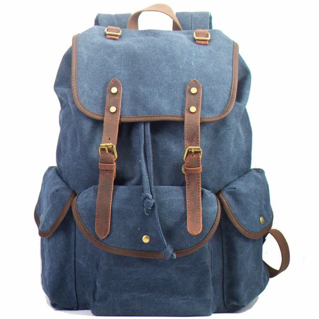 Retro Leather Strap Rucksack Thick Canvas Large Travel College Backpack 