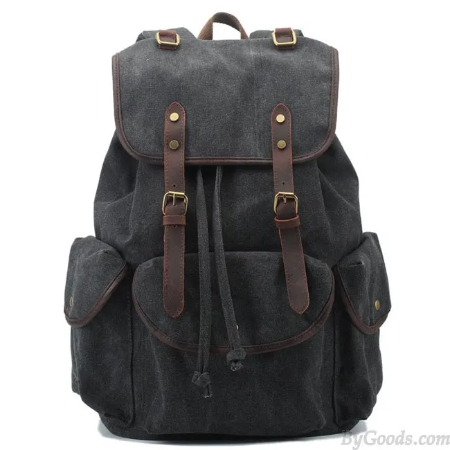Retro Leather Strap Rucksack Thick Canvas Large Travel College Backpack 