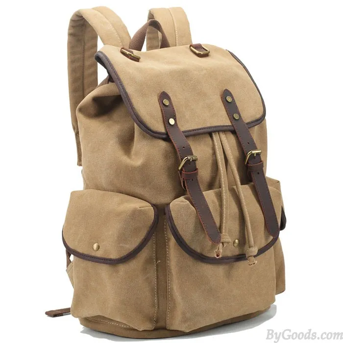Retro Leather Strap Rucksack Thick Canvas Large Travel College Backpack 