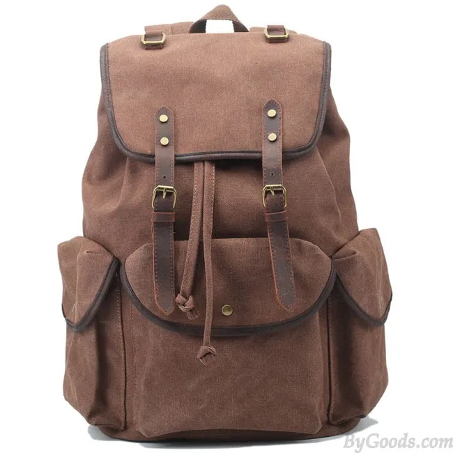 Retro Leather Strap Rucksack Thick Canvas Large Travel College Backpack 