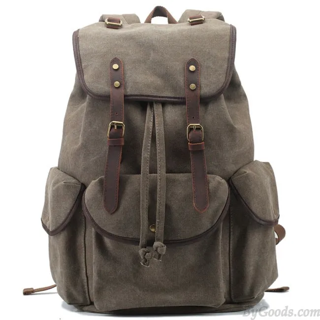 Retro Leather Strap Rucksack Thick Canvas Large Travel College Backpack 