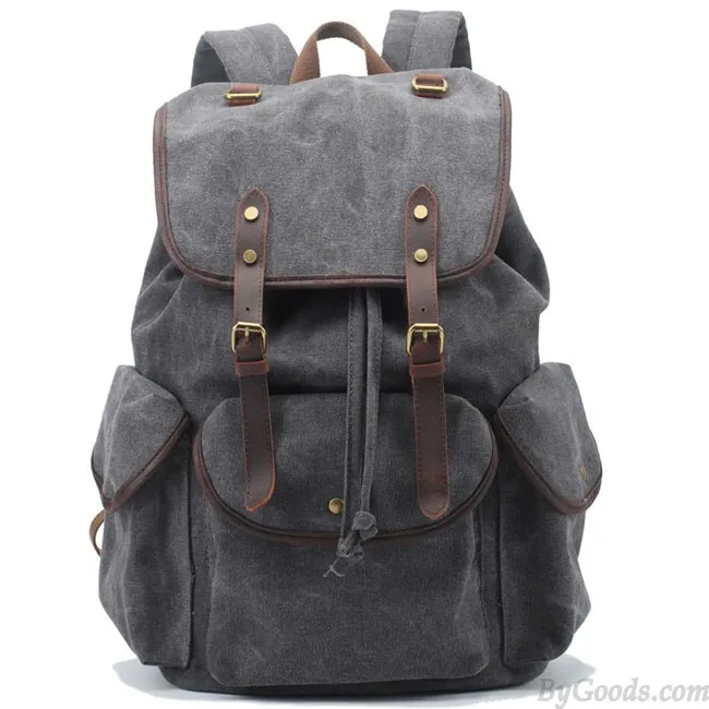 Retro Leather Strap Rucksack Thick Canvas Large Travel College Backpack 