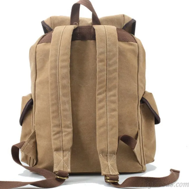Retro Leather Strap Rucksack Thick Canvas Large Travel College Backpack 