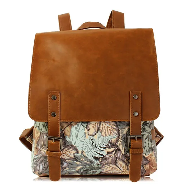 Retro Leaves Print Leather College Rucksack British Style Backpack