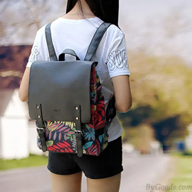 Retro Leaves Print Leather College Rucksack British Style Backpack