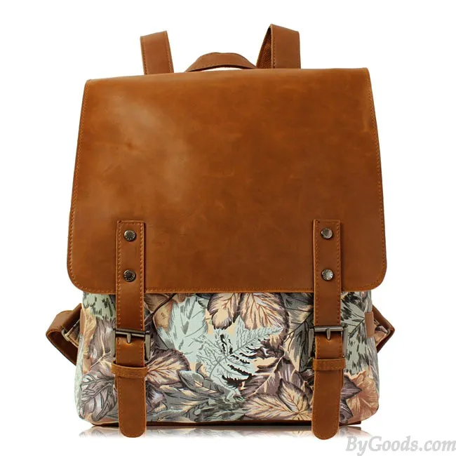 Retro Leaves Print Leather College Rucksack British Style Backpack