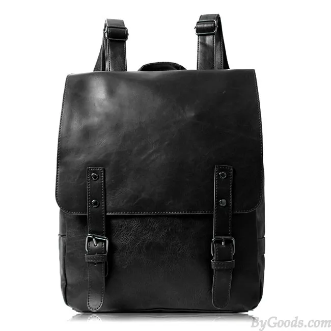 Retro Leaves Print Leather College Rucksack British Style Backpack
