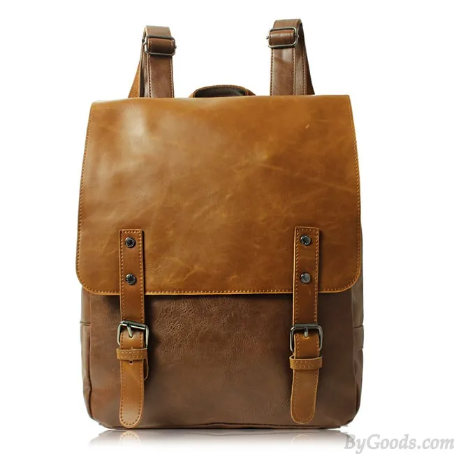 Retro Leaves Print Leather College Rucksack British Style Backpack