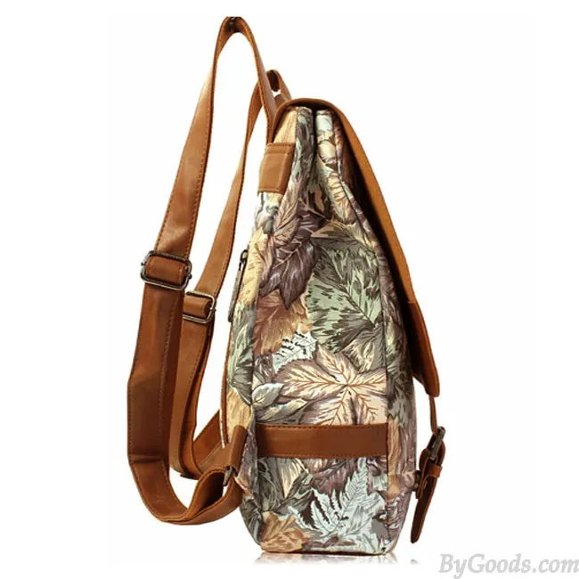 Retro Leaves Print Leather College Rucksack British Style Backpack