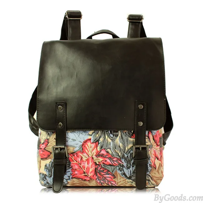 Retro Leaves Print Leather College Rucksack British Style Backpack