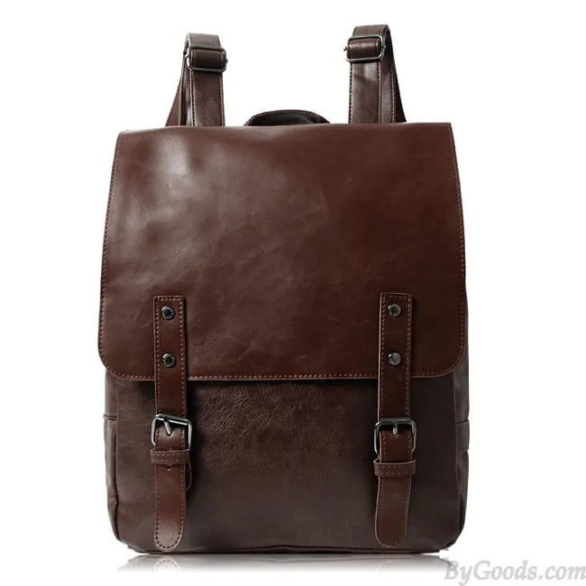 Retro Leaves Print Leather College Rucksack British Style Backpack