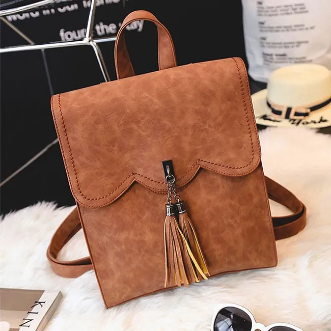 Retro Simple PU Tassels Women College Backpack