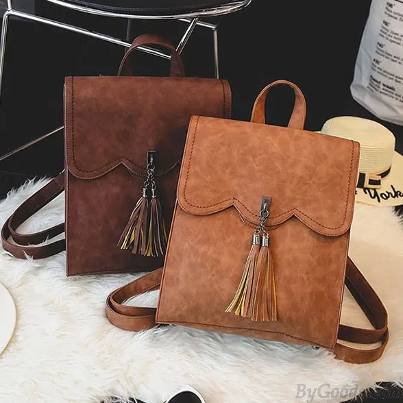 Retro Simple PU Tassels Women College Backpack