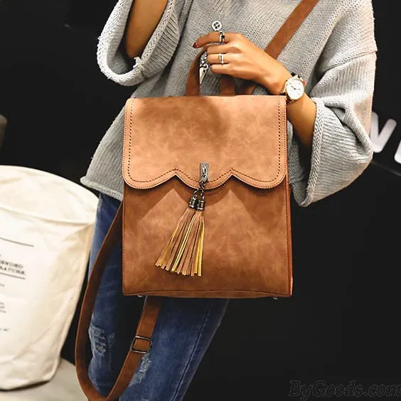 Retro Simple PU Tassels Women College Backpack
