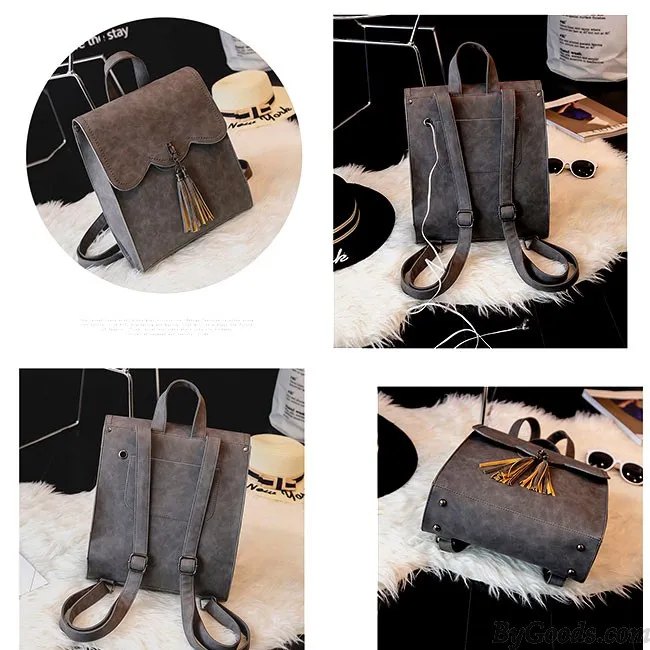 Retro Simple PU Tassels Women College Backpack