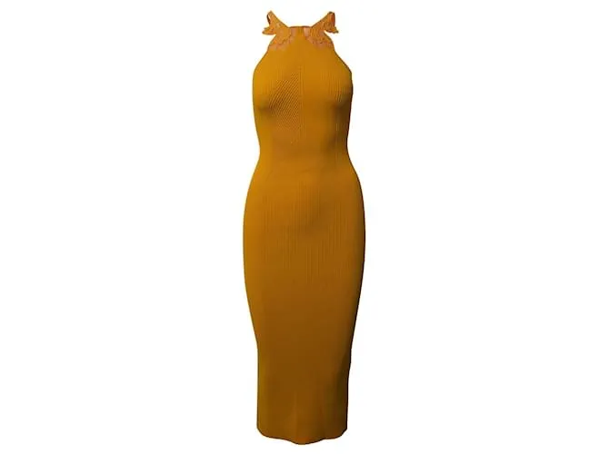 Self portrait VESTIDO A MEDIDA DE PUNTO CON INSERCIÓN DE ENCAJE DE AUTORETRATO EN VISCOSA AMARILLA Amarillo 