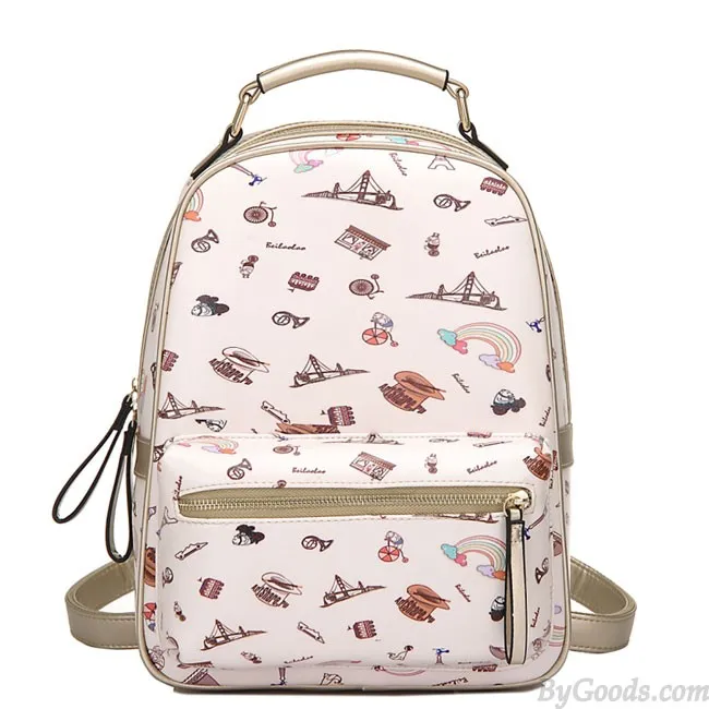 Sweet Cartoon PU Tower Bridge Rainbow Students Schoolbag Zipper Backpack 