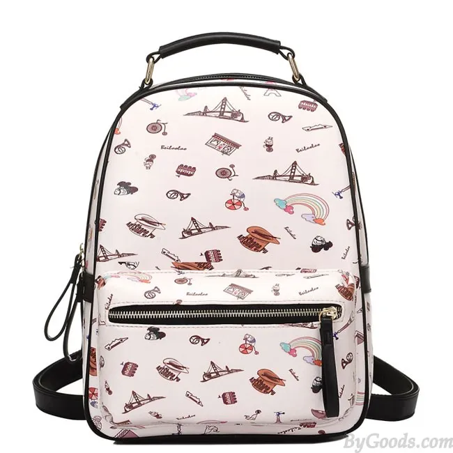 Sweet Cartoon PU Tower Bridge Rainbow Students Schoolbag Zipper Backpack 