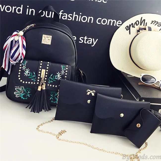 Sweet Leaves Embroidery Tassel Rivets  Flowers Girl's  PU School Backpack  