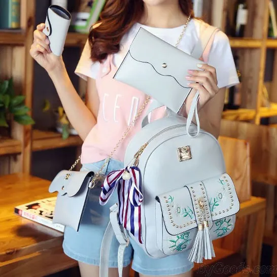 Sweet Leaves Embroidery Tassel Rivets  Flowers Girl's  PU School Backpack  
