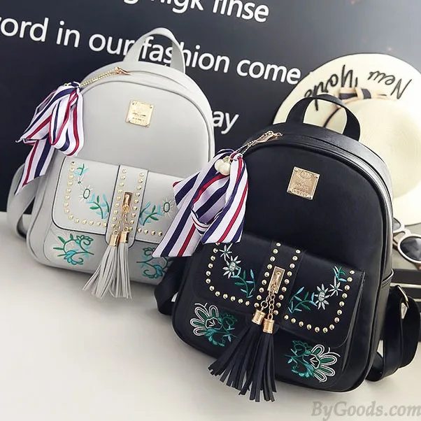 Sweet Leaves Embroidery Tassel Rivets  Flowers Girl's  PU School Backpack  
