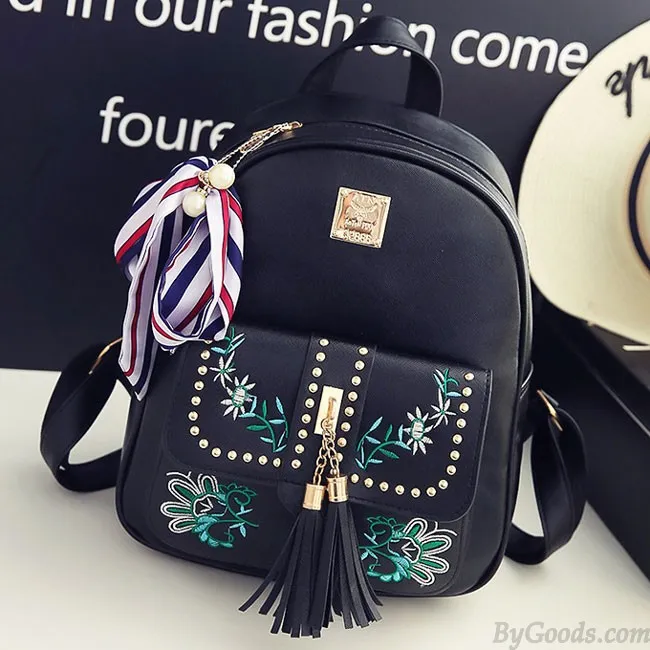 Sweet Leaves Embroidery Tassel Rivets  Flowers Girl's  PU School Backpack  