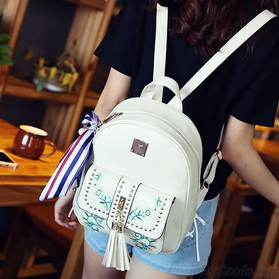 Sweet Leaves Embroidery Tassel Rivets  Flowers Girl's  PU School Backpack  
