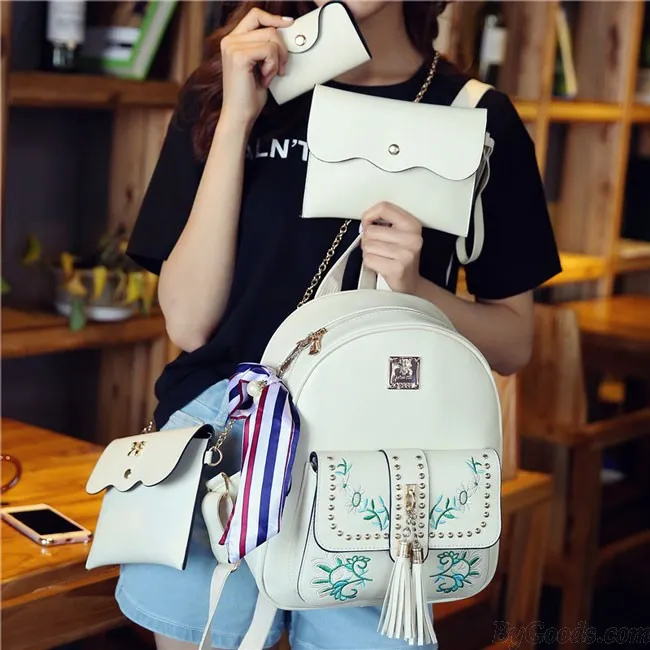 Sweet Leaves Embroidery Tassel Rivets  Flowers Girl's  PU School Backpack  