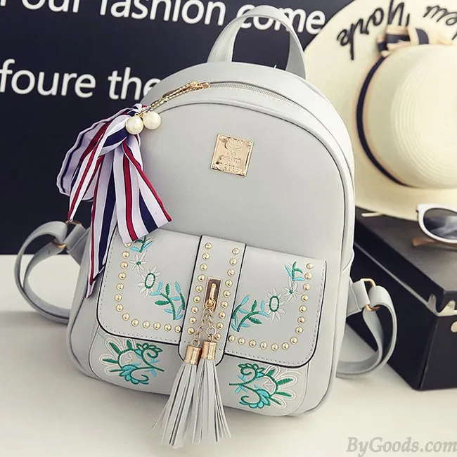 Sweet Leaves Embroidery Tassel Rivets  Flowers Girl's  PU School Backpack  