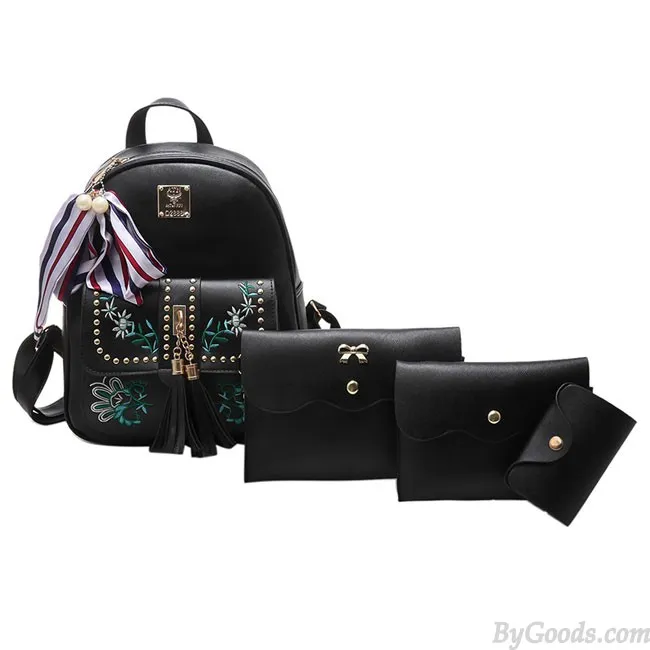 Sweet Leaves Embroidery Tassel Rivets  Flowers Girl's  PU School Backpack  