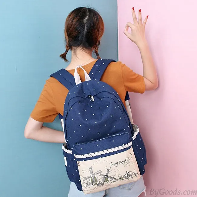 Sweet Wave Point Printing Windmills Travel Rucksack Lace Canvas Dot School Backpack