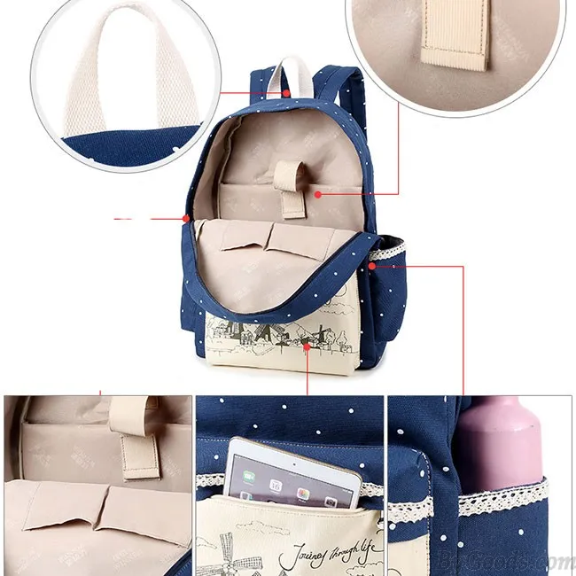 Sweet Wave Point Printing Windmills Travel Rucksack Lace Canvas Dot School Backpack