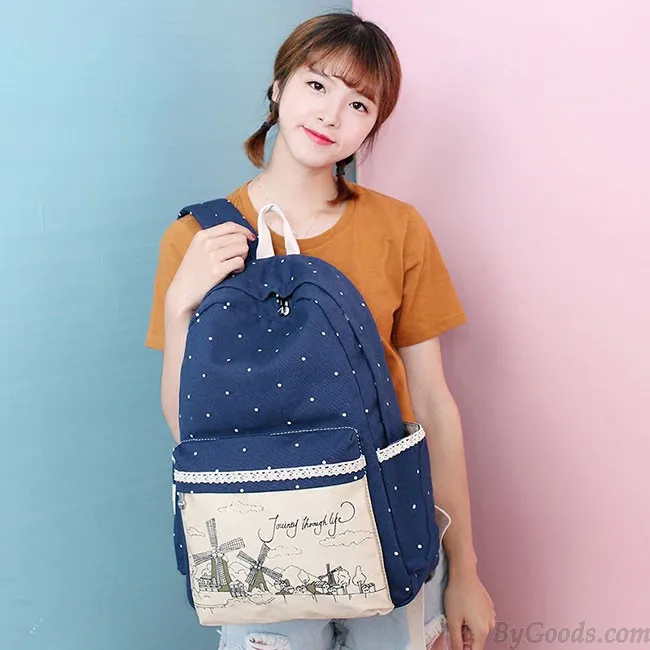 Sweet Wave Point Printing Windmills Travel Rucksack Lace Canvas Dot School Backpack