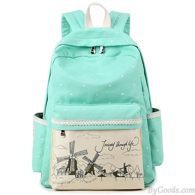 Sweet Wave Point Printing Windmills Travel Rucksack Lace Canvas Dot School Backpack