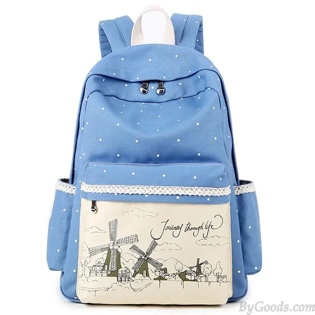 Sweet Wave Point Printing Windmills Travel Rucksack Lace Canvas Dot School Backpack