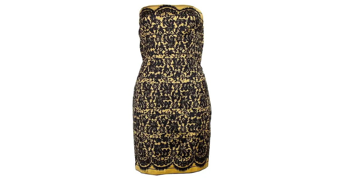 Tibi, Vestido palabra de honor con estampado de encaje Negro Amarillo 