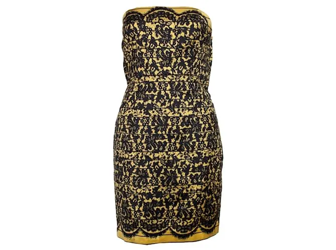 Tibi, Vestido palabra de honor con estampado de encaje Negro Amarillo 