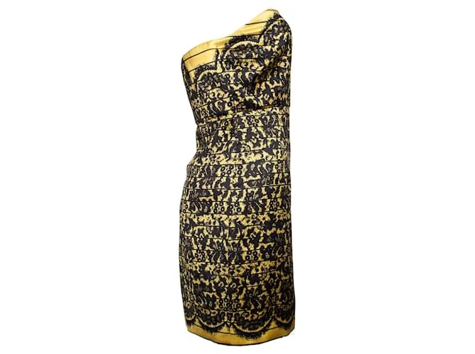 Tibi, Vestido palabra de honor con estampado de encaje Negro Amarillo 
