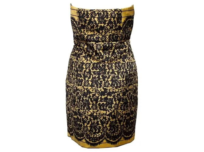 Tibi, Vestido palabra de honor con estampado de encaje Negro Amarillo 