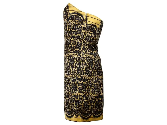 Tibi, Vestido palabra de honor con estampado de encaje Negro Amarillo 