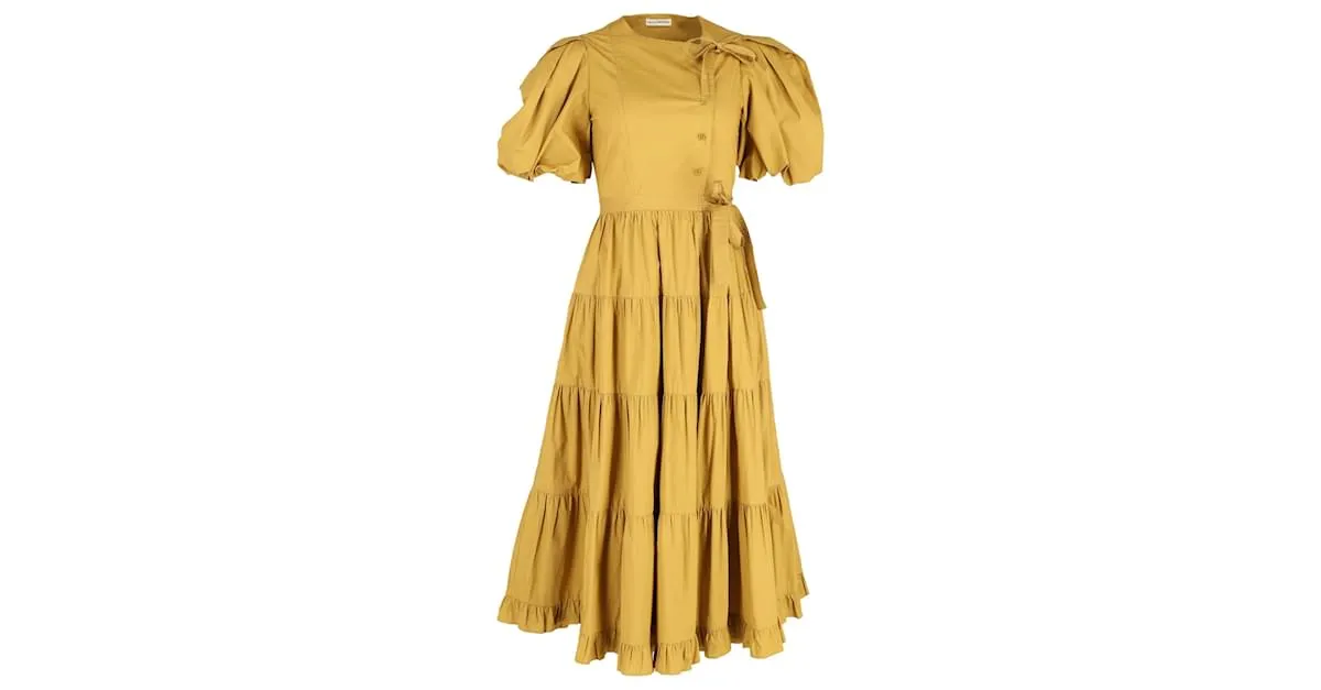 Ulla Johnson Vestido midi cruzado a capas en algodón color camel Agathe Amarillo Camello 